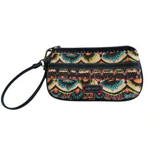 Sakroots wristlet with key fob attachment inside and zipper/handle close.